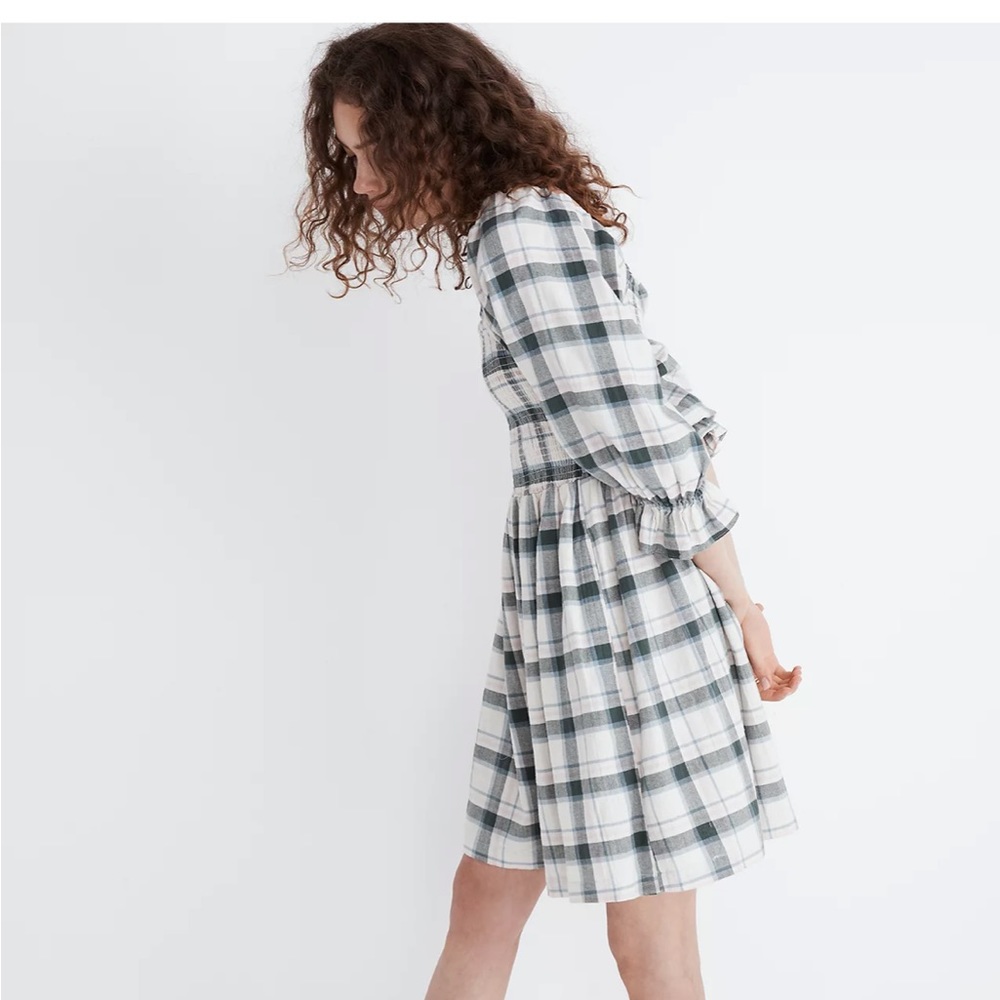 Madewell Lucie Elbow-Sleeve Smocked Mini Dress in Lebaum Plaid